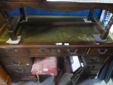 A vintage mahogany pedestal desk, oak telephone seat etc