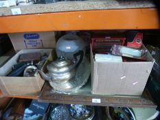 A vintage oil lamp, box of matchbox cars, pictures etc. Box of records and a box of collectables inc