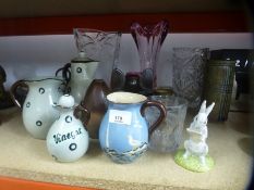 A collection of glass vases, studio pottery, hangman glass, Winnie the Pooh Royal Doulton model etc