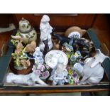 A box of mixed ceramics to include Wedgwood, Franklin Mint birds, two matte glazed model greyhounds