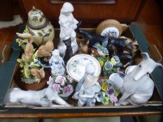 A box of mixed ceramics to include Wedgwood, Franklin Mint birds, two matte glazed model greyhounds