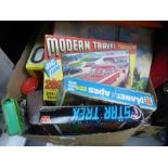 A box of vintage toys and games including Planet of the Apes jigsaw, fuzzy felt, Trolls, Subbuteo et