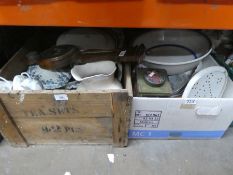 Three boxes of mixed items to include Barometer, vintage tins, blue and white china, dolls etc