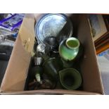 Silver plated teaset, large green handpainted vase, pictures etc