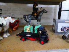 A Triang Bedford flatbed lorry, a pair of Sylvac rabbit bookends and a spelter figure of horse and r