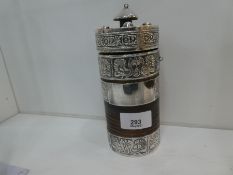 A white metal rum jar of very ornate and decorative design.  Very interesting, of possibly Eastern m