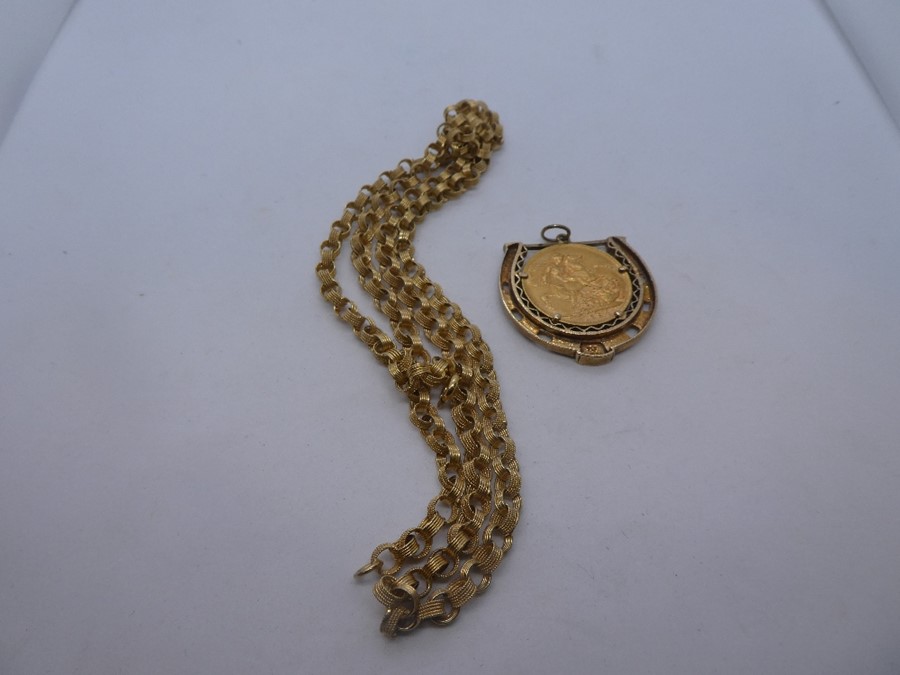 9ct yellow gold pretty belcher neckchain, together with a 1894 young Victoria sovereign in a 9ct yel