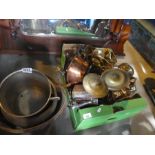 A box full of copper and brass items and large brass cooking pots