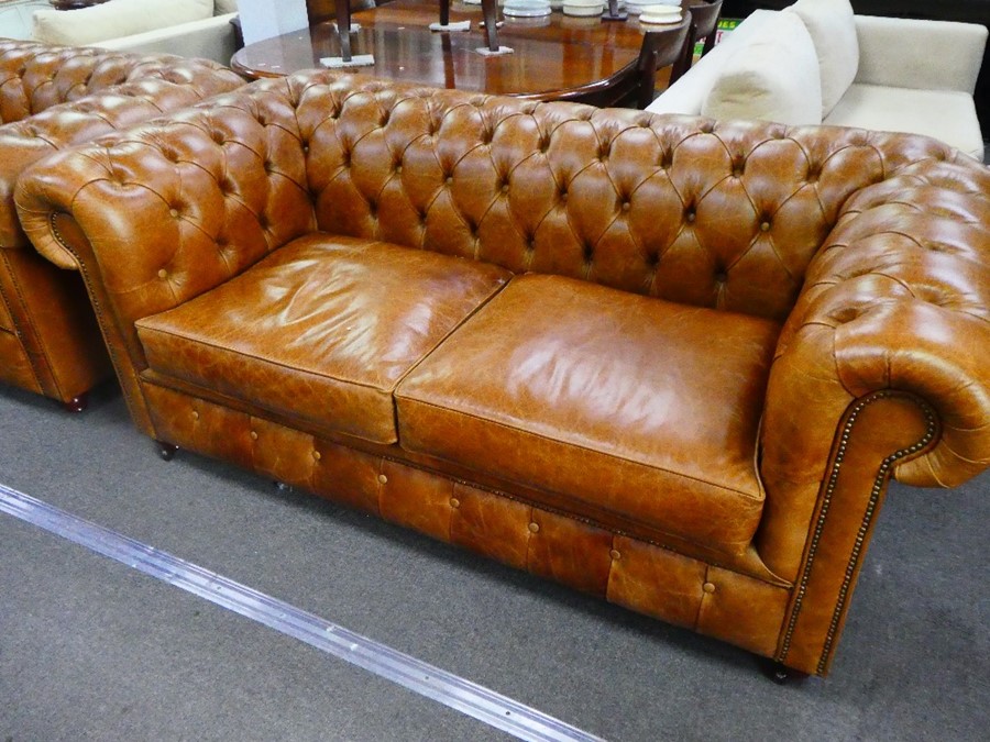 Two similar modern tan leather Chesterfield sofas, the largest 210 cms - Image 2 of 2