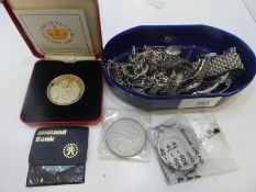 Tray of silver and white metal jewellery including charm bracelet, silver and marcasite brooch, etc