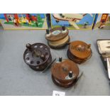 5 Metal and oak fishing reels to incl. Grice and Young Ltd etc