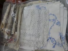 Box containing various linen and old sewing patterns etc