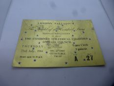 The Beatles 1964, Night of a Hundred Stars, London Palladium, ticket Row A, seat 27, complete with P