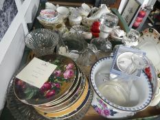 1 Box of mixed china to include collector's plates, glass decanters