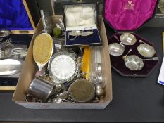 A box of silver plate and sundry, plus a cased cutlery set