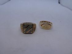 Two 9ct yellow gold Signet rings, each marked 375, one inscribed with initials, largest T