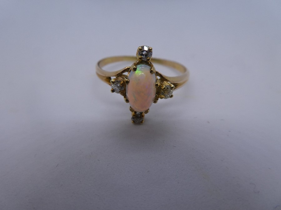 Yellow gold dress ring set with central cabochon opal on 4 approx 0.05 carat diameter, size T - Image 2 of 3