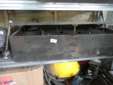 Wooden tool box, metal shelves and a box of tools to include sander, drill, etc