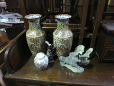 Pair of Japanese vases, soapstone figure, a ginger jar, etc and a small table top oriental cabinet