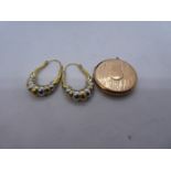 Pair of 9ct yellow and white gold drop earrings together with 9ct rose gold circular locket marked 3