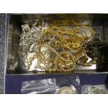 White metal box containing silver chain hung with 2 medallions vintage wristwatches, pearls, earring