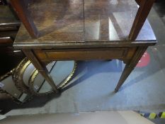 Oak drop flap table, Yew wood example and a cane top duet footstool and an oak side table