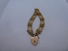 Pretty 9ct yellow gold gatelink bracelet with heart shaped clasp, marked 9ct, approx 16.8g