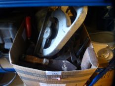 A box of vintage tools including planes, saws etc and a Porcelain bed pan