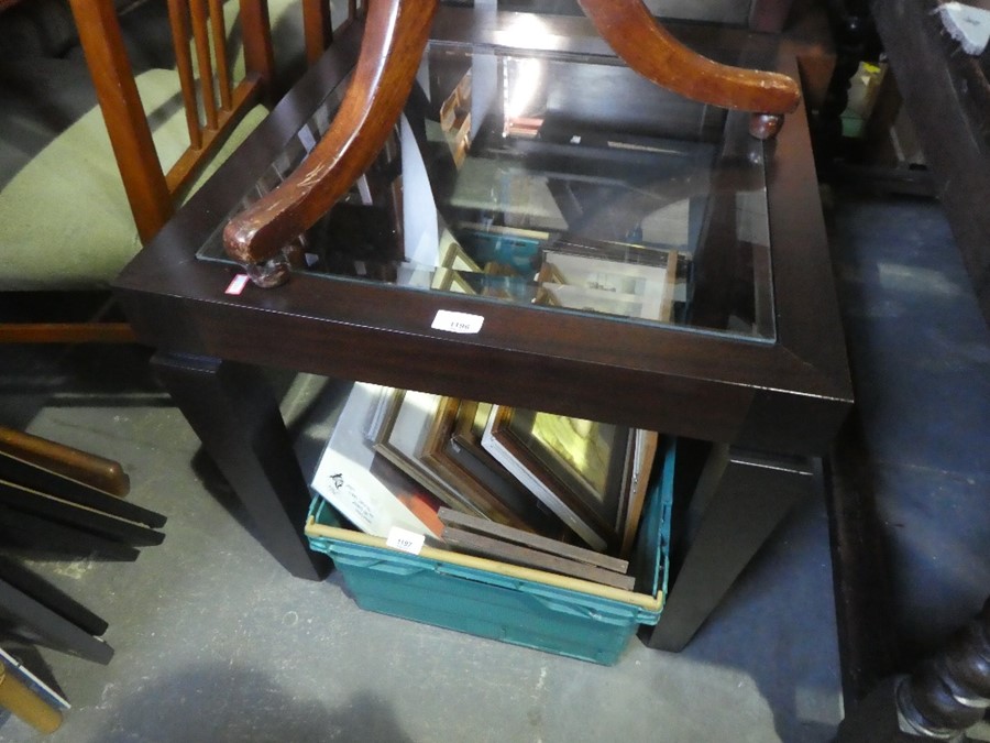 Three similar mahogany framed square coffee tables, with glass inserts