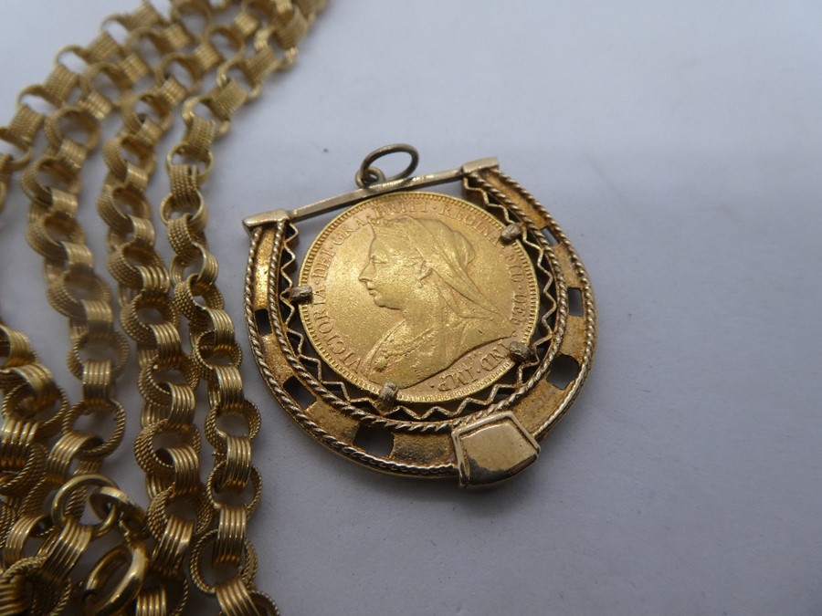 9ct yellow gold pretty belcher neckchain, together with a 1894 young Victoria sovereign in a 9ct yel - Image 3 of 3