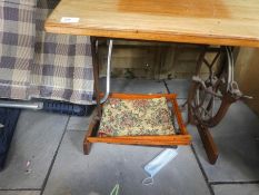 A vintage sewing table tapestry bag and mirror and a vanity case