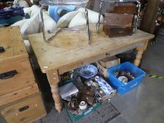 Rectangular waxed pine kitchen table on turned supports