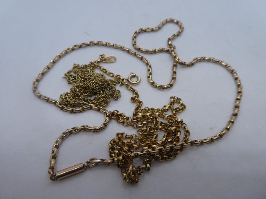 9ct yellow gold belcher chain marked 375, another 9ct yellow gold fine belcher chain marked 9C and a