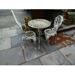Cast metal white painted bistro table and two chairs