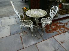 Cast metal white painted bistro table and two chairs