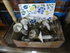 Box containing brass and ceramic light fittings, etc