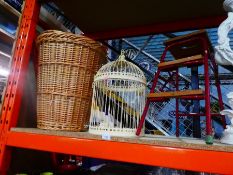 Ornamental birdcage, vintage folding steps and a laundry basket