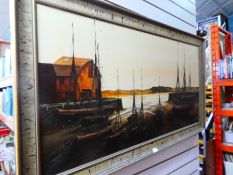 Oil on canvas harbour scene signed by Keith Platt, large