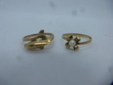 9ct yellow gold dolphin design ring and another set with a seed pearl, approx 2.9g