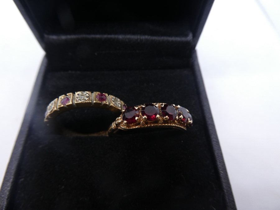 Victorian 9ct yellow gold garnet set ring together with a 9ct Ruby and diamond band ring, marked 375