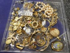 Tray mixed costume jewellery including Astral watch, locket, silver medallion, gold locket AF, etc a