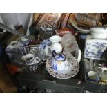 7 Boxes of mixed china and glassware to incl. Willow pattern china, vases, Banana boat, dishes, deca