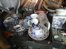 7 Boxes of mixed china and glassware to incl. Willow pattern china, vases, Banana boat, dishes, deca
