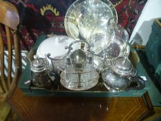 Tray of silver plated items, tureens, and decorative fruit bowls
