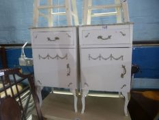 French style cream painted tall boy, pair similar bedside tables, pair stools and a chair