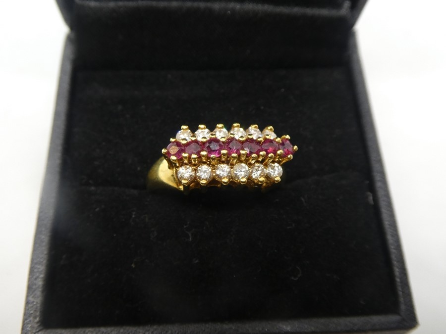 Pretty 18ct yellow gold dress ring, with 7 central rubies flanked by 12 diamonds marked 750, size Q, - Image 3 of 3