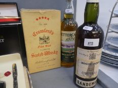 A vintage bottle of Sandeman White Port, a bottle of Crawford's whisky and a bottler of Fettercairn