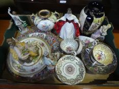 Box of mixed ceramics including Royal Doulton lady, Royal Crown Derby double handled vase, oriental