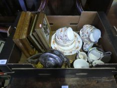 Boxed of mixed china incl. Royal Worcester 'Chamberlain' design teaware, framed tiles etc