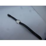 Vintage ladies 'OMEGA' 'Geneve' stainless steel wristwatch on a black leather strap